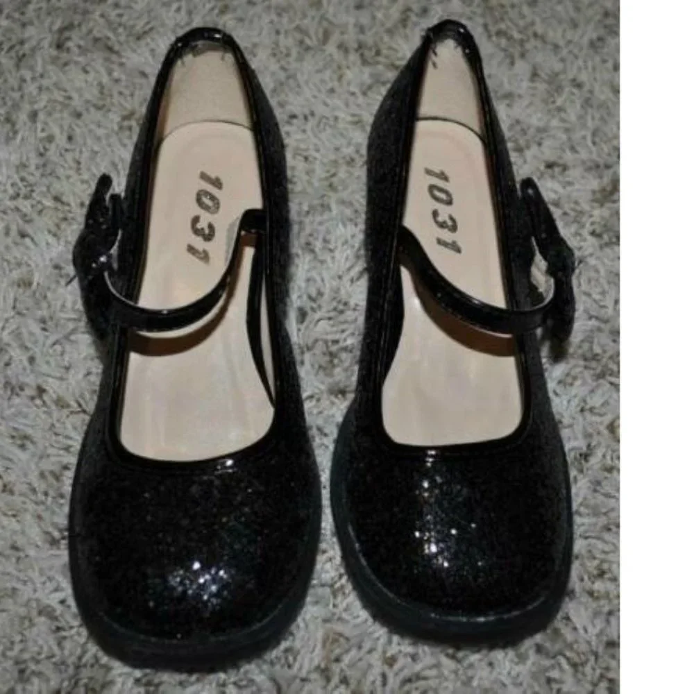 Black Glitter Dress Up Shoes 4/5 Low Block Heels Maryjane Halloween Girls